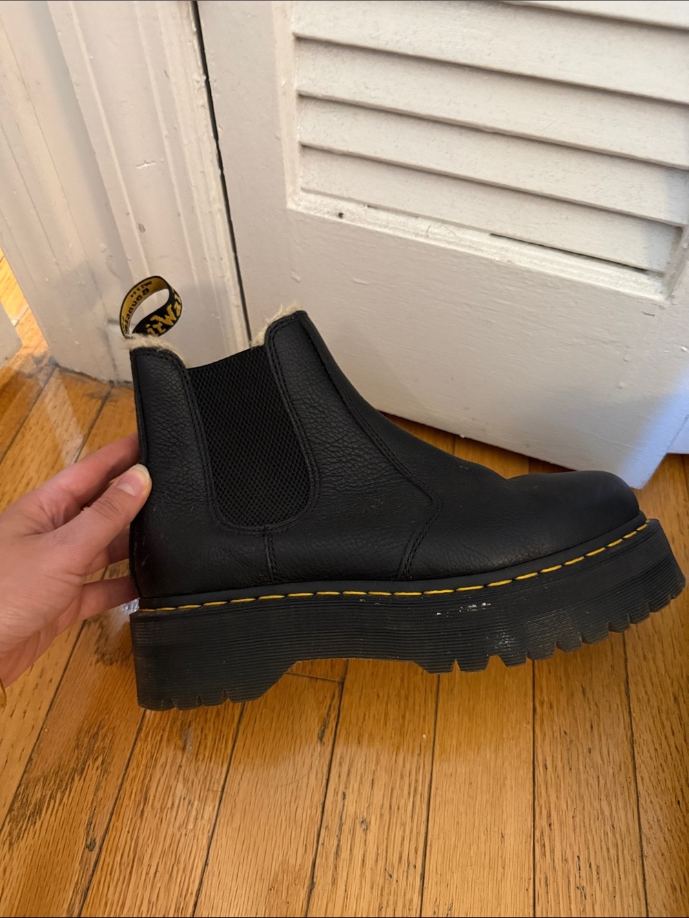 Dr. Martens Black Leather Platform Chelsea Boots with Faux Fur Lining - Picture 2 of 4
